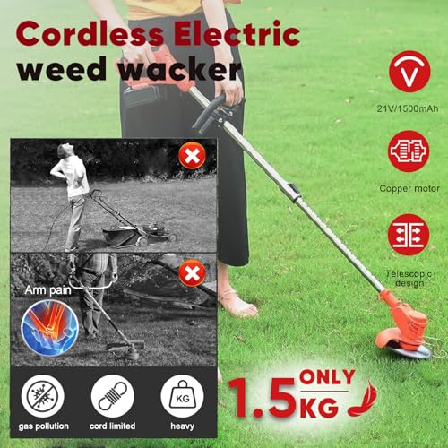 Cordless Strimmer Electric with Battery and Charger, 3-in-1 Electric Grass Trimmer Telescopic Grass Cutter, with 3 types 16 Blades 2 Batteries, for Garden Mowing, Edging, Sawing of Lawn and Shrubs