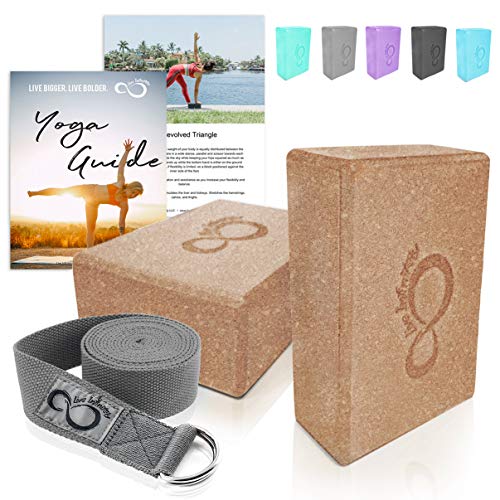 Premium Yoga Blocks & Metal D Ring Strap Yogi Set (3PC) 2 Pack Cork Blocks to Support & Deepen Poses, Improve Strength, Flexibility & Balance – Lightweight, (Cork & Dark Grey Strap)