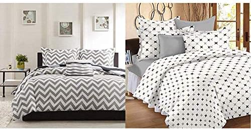 Ahmedabad Cotton Basics 160 TC Cotton Double Bedsheet with 2 Pillow Covers - Modern, White and Grey & Comfort 160 TC Double Bedsheet with 2 Pillow Covers - Geometric, White and Grey Combo