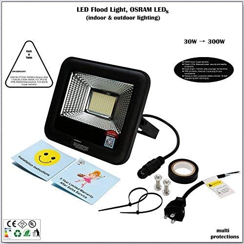 30W LED Flood Light, Work Light, Wall Light, Osram LED, 110lm/W 3273lm, 4500K, Meanwell Power, IP66, UL, 5-Year Warranty, US Plug, Indoor, Outdoor, Garden, Lawn, Yard, Garage, Camp, Parking Lot, Light