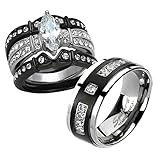 FlameReflection His and Hers Stainless Steel Women's Black Marquise Cut CZ Wedding Engagement Ring Couple Ring Bridal Set & Titanium Men Black on Plate Strip CZ Men's Wedding Band