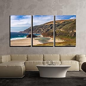 3 Piece Canvas Wall Art - Beautiful Seascape with Mountains - Modern Home Art Stretched and Framed Ready to Hang - 16"x24"x3 Panels