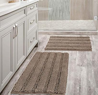 Amazon Com Extra Thick Chenille Striped Pattern Bath Rugs For Bathroom Non Slip Soft Plush Shaggy Bath Mats For Bathroom Floor Indoor Mats Rugs For Entryway Taupe Brown 32 X 20 Plus