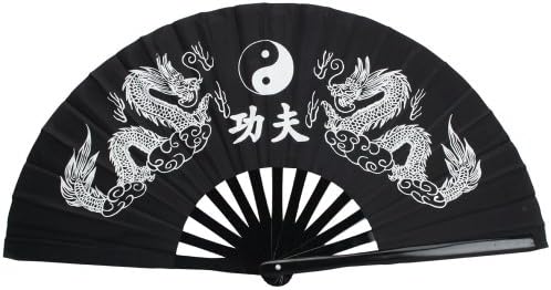 Rhumen 35cm Bamboo Chinese Fan Tai Chi Kung Fu Folding Fan With Dragon Design. (Black)