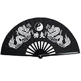 Rhumen 35cm Bamboo Chinese Fan Tai Chi Kung Fu Folding Fan With Dragon Design. (Black)