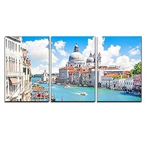 3 Piece Canvas Wall Art - Grand Canal with Basilica Di Santa Maria Della Salute, Venice, Italy - Modern Home Art Stretched and Framed Ready to Hang - 16"x24"x3 Panels