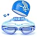 qiteng Swimming Goggles + Swim Cap + Case + Nose Clip + Ear Plugs Swim Goggles Anti Fog UV Protection for Adult Men Women Youth Kids Blue