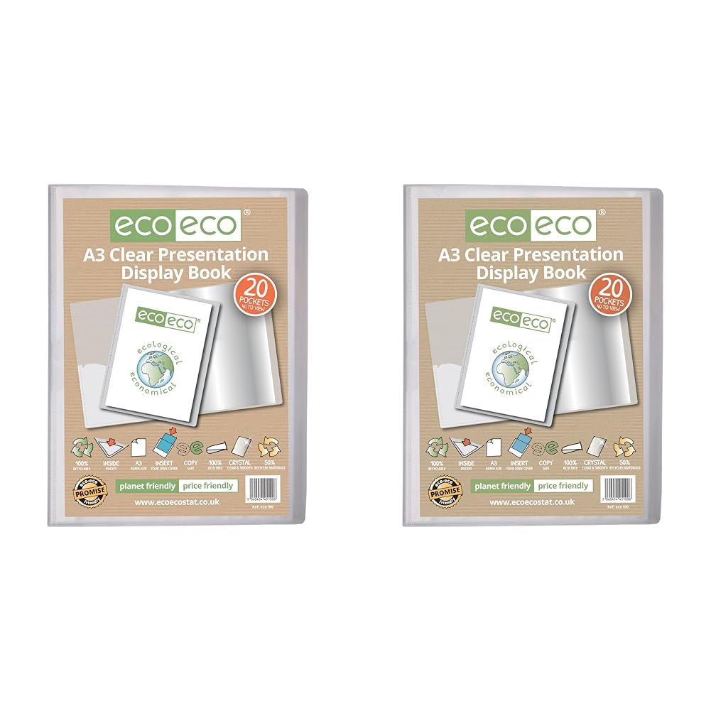 eco-eco A3 Size 50% Recycled 20 Pocket Clear Presentation Display Book, Storage Case Portfolio Art Folder with Plastic Sleeves, eco100 (Pack of 2)
