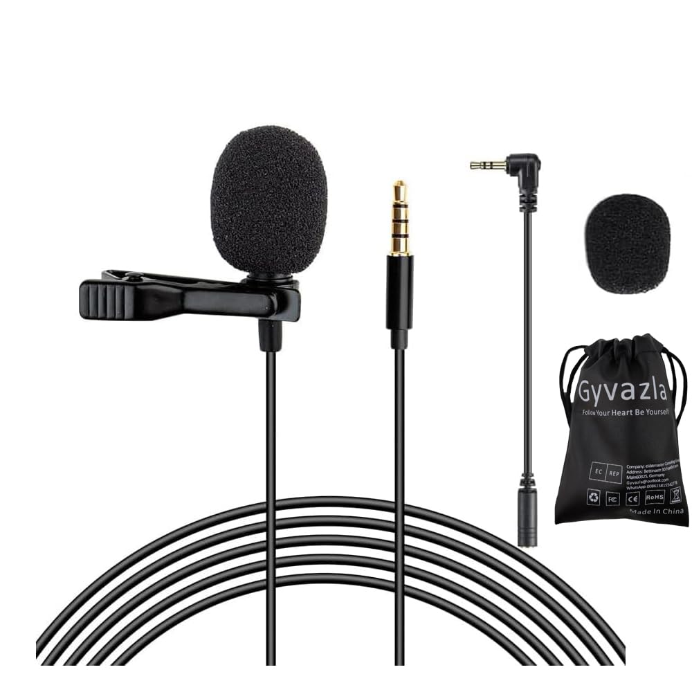 Lavalier Microphone, 2M Clip on Microphone 3.5mm Omnidirectional Condenser Mic with 4 pin to 3 pin Adapter for Smartphones, PCs, Cameras