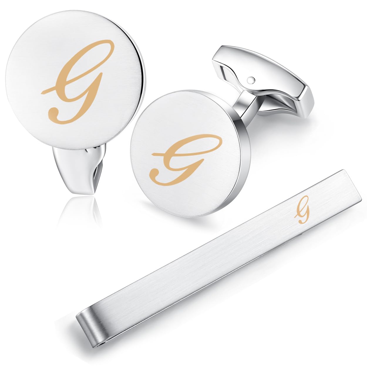 HONEY BEAR Initial Alphabet Letter Cufflinks Tie Clip Set for Mens - Brushed Silver Round for Business Wedding Gift A - Z