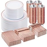 BESTVIP 600PCS Plastic Dinnerware Set (100 Guests), Rose Gold Disposable Plates for Party, Wedding, Christmas, Anniversary, Includes: Dinner Plates, Dessert Plates, Cups, Spoons, Forks and Knives