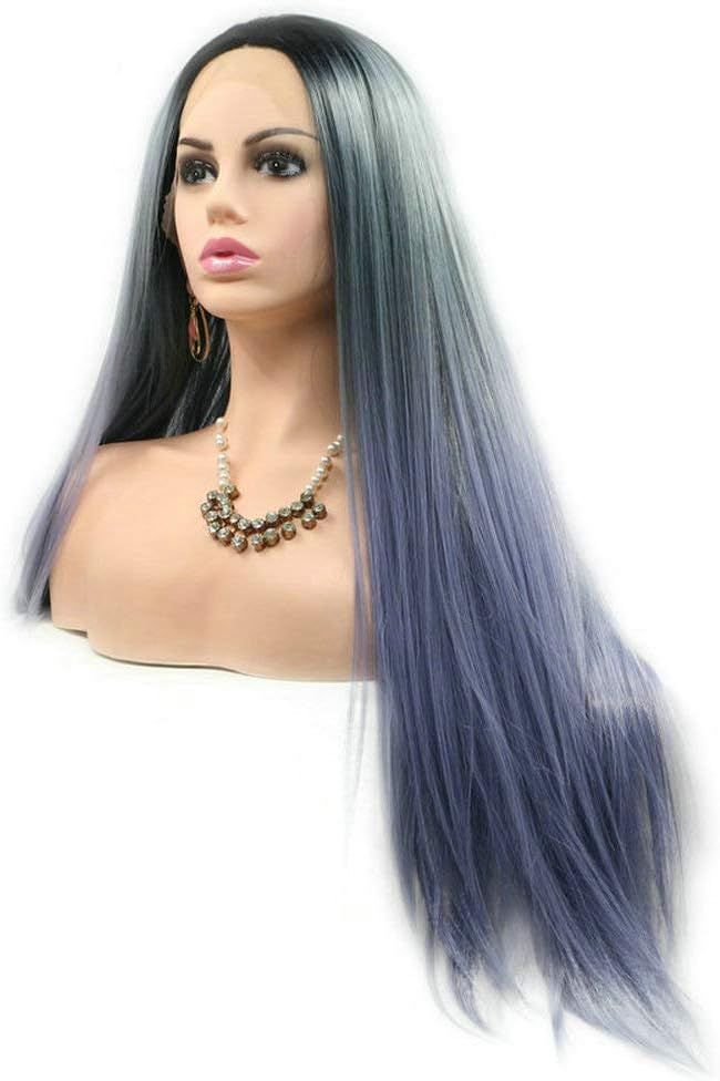 Natural Straight Dark Roots to Blue Lace Front Wigs for Women Heat Resistant Synthetic Wig Glueless Hair Flawless Hairline Party Use 24inch… (Ombre Blue)