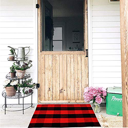 Buffalo Plaid Rug - YHOUSE Checkered Indoor/Outdoor Door Mat Outdoor Doormat for Front Porch/Kitchen/Laundry Room Welcome Layered Mat (23.6"X35.4", Red and Black Plaid)