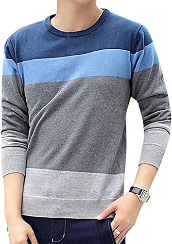 Tophaz Men's Stylish Slim Knitted Basic V Neck Sweater Thin Striped Pullover SW40, Blue Small