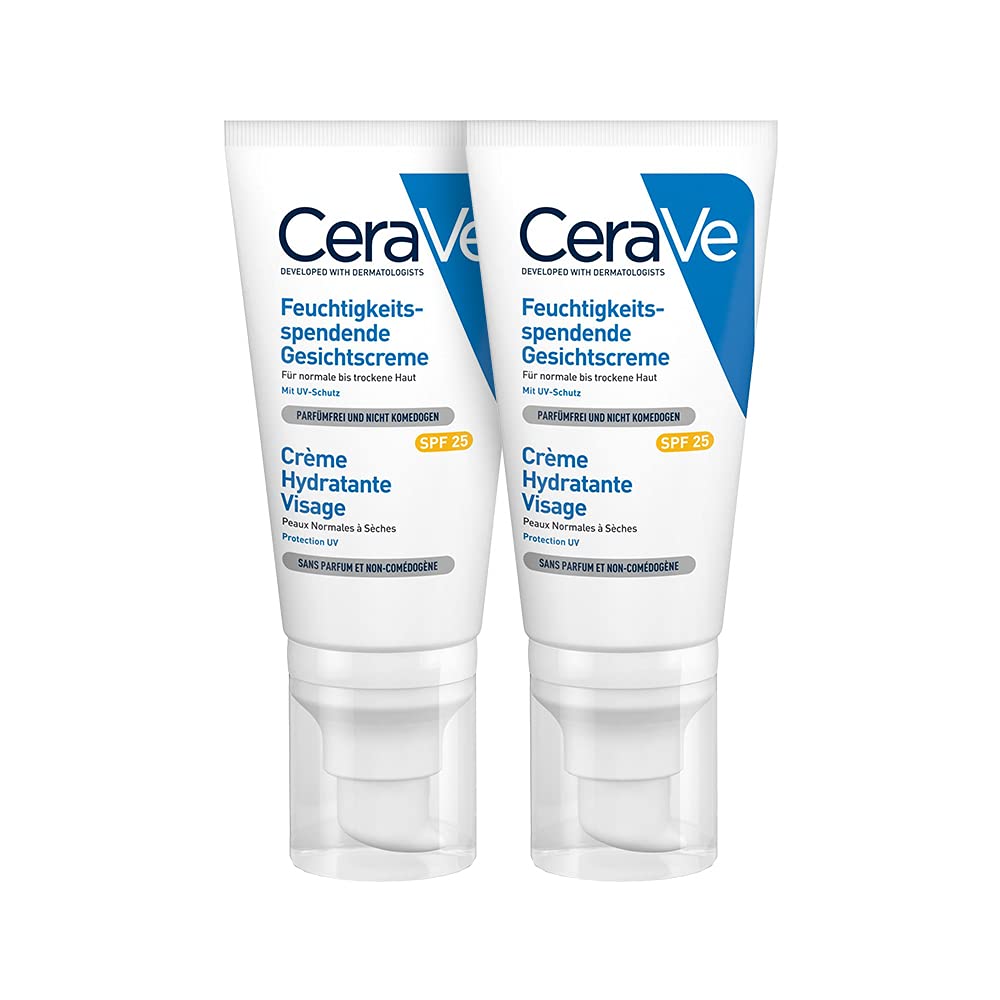 CeraVe Moisturising Face Cream with SPF 25 for Normal to Dry Skin, with Hyaluronic Acid and 3 Essential Ceramides, 2 x 52 ml