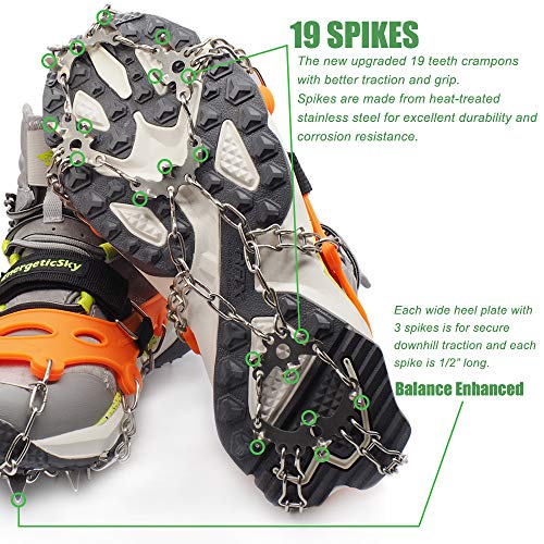 EnergeticSky Crampons for Shoes,Anti-Slip Traction Ice Cleats Snow Grips with 19 Spikes Stainless Steel for Walking,Jogging,Climbing,Hiking-by LYSHION