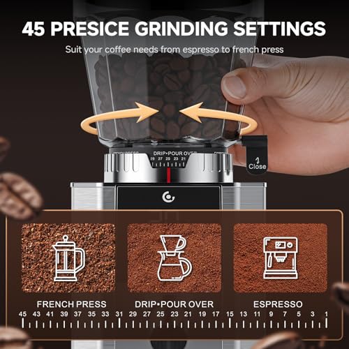 AMZCHEF Burr Coffee Grinder - 45 Precise Grind Settings for Espresso/Cold Brew, Adjustable Portafilter Holder & LED Touch Display, Anti-Static, Home Use