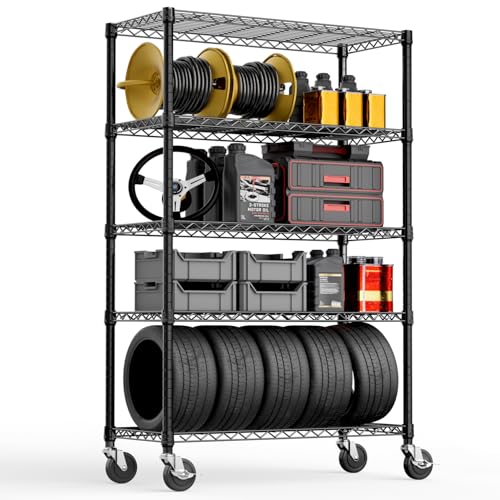 M MZG Metal Shelving Unit with Lockable Wheels Heavy Load 5 Levels, up to 750 kg, Adjustable Shelves, for Garage, Workshop and Warehouse, Studio, Black, 45 x 120 x 192 cm