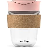 SoleCup. - Reusable Strengthened Glass Travel Cup - Spill Proof Insulated Coffee Mug - 12oz/340ml BPA-Free Hot Drink Travel Mug with Lid & Cork Band (Pink, 12oz)