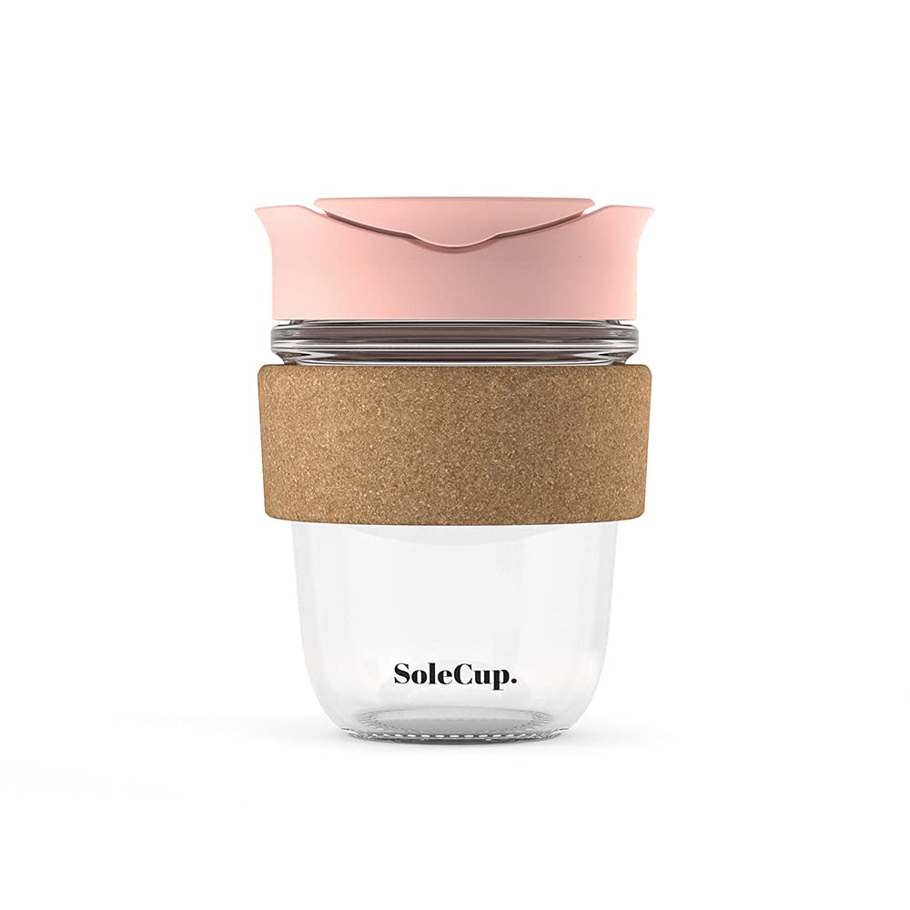SoleCup. - Reusable Strengthened Glass Travel Cup - Spill Proof Coffee Mug - 12oz/340ml BPA-Free Hot Drink Travel Mug with Lid & Cork Band (Pink, 340ml / 12oz)