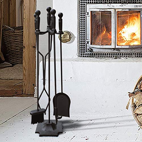 5 Pieces Wrought Iron Fireplace Tools Set Firepit Fireset with Handles, with Poker, Tongs, Shovel, Brush, Sturdy Center Stand - Thumbnail 2