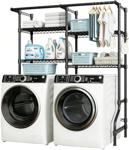 Kisfam Mueble para Lavadora y Secadora, Estante Organizador de Lavandería de 4 Niveles, Estructura Metálica Independiente con Tendedero, 170 cm Ancho x 50cm Fondo x 197 cm Alto