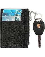 RFID Blocking Leather Slim Zipper Credit Card holder Wallet Card Case Purse (Black with keychain)