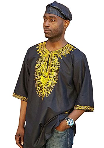 Black cotton Dashiki African Shirt with Gold Embroidery