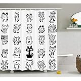 Ambesonne Cat Shower Curtain, Hand Drawn Sketchy Cats with Happy Face Gestures Comic Creatures Funny Art Print Image, Cloth Fabric Bathroom Decor Set with Hooks, 75