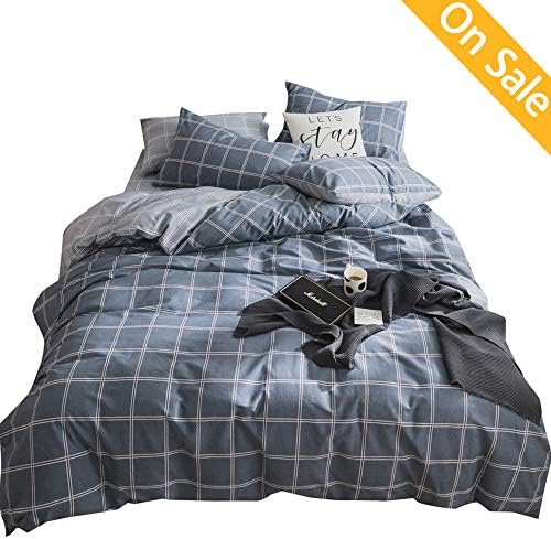 【Newest Arrival】 Cotton Duvet Cover Queen Plaid Duvet Cover Set Blue Comforter Cover Queen Checked Geometric Modern Duvet Cover Bedding Sets with Zipper Ties for Men Women Kids, NO Comforter NO Sheet