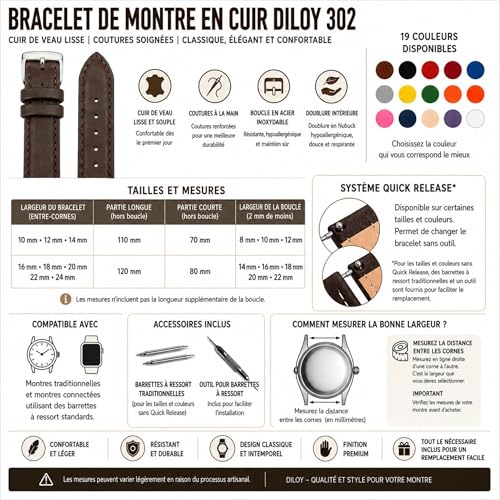 diloy Leather Strap for Classic Watch - Smooth Cowhide Leather with Stitching Padded Stainless Steel Clasp - Sizes 8mm, 10mm, 12mm, 14mm, 16mm, 18mm, 19mm, 20mm, 22mm, 24mm 302