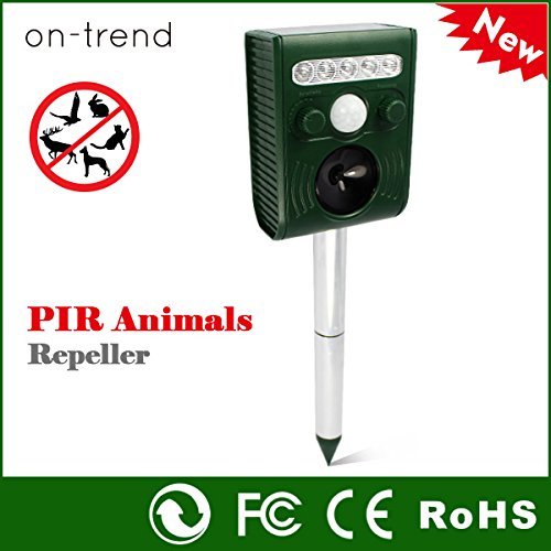 Outdoor Solar Powered Ultrasonic Animal Pet Repellent Cat Dog Mice Bird Rodent Deterrent With LED Flashing Light - 30ft 9m range Rechargeable Batteries USB Back up Charger included with Spike