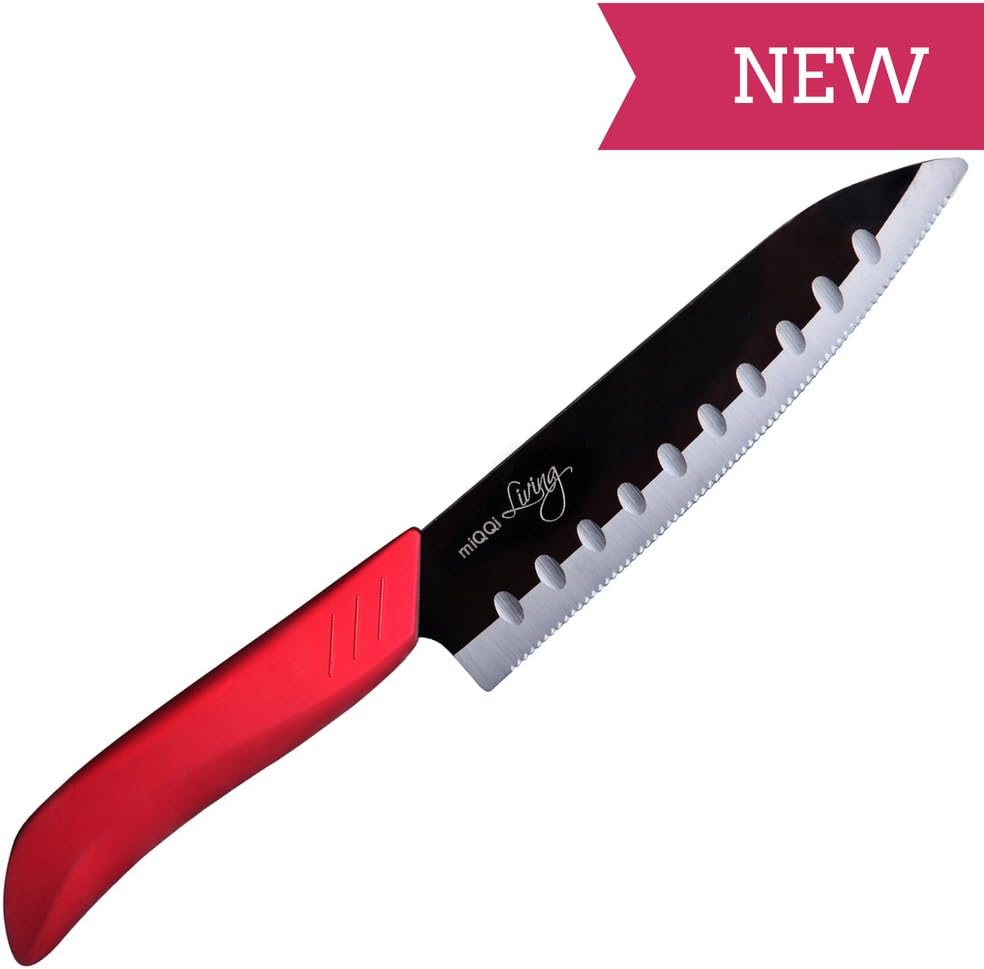 Chefs Knives - New with Serrated Edge - Great Addition for Your Knife Blocks - Ideal Kitchen Utility Tool for Vegetable, Seafood, Sashimi, Fillet - Japanese Classic Santoku Design - Shiny Black Mirror Finish Ceramic Blades