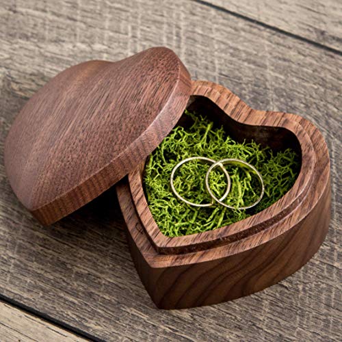 Heart shaped wood box filled with green moss (Engagement Proposal Ring Box - Ring Bearer Box - Jewelry Storage Box - Photo Prop)