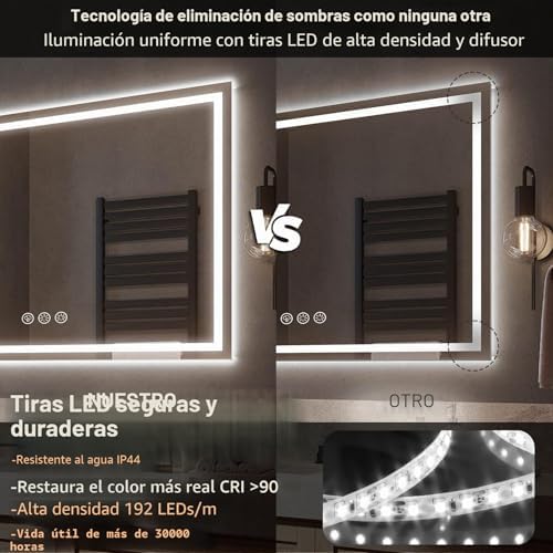 Espelho de casa de banho com luz 70x100cm, espelhos de casa de banho com LED com antiembaça, regulável, 3 cores de luz, função de memória