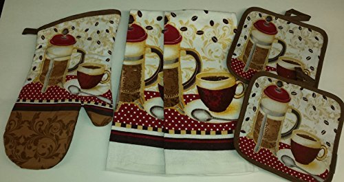 Coffee Theme Kitchen Linen Set (2041) (Includes: one oven mitts, two dish towels, and two pot holders)