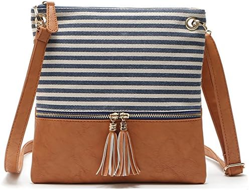 Adjustable Striped Canvas Leather Crossbody Shoulder Bag Tassel Double Zipper Messenger Bag Handbag for Women Lady Girls (Blue Stripe)