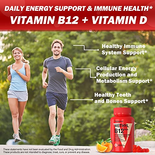 B12 Vitamins Gummies with Vitamin D - 90 Count | Vitamin D 5000 IU & Methyl Vitamin B12 1000 mcg Supplement for Energy and Immune Support - Vegan Friendly, Gluten Free - Orange Flavor (Orange)