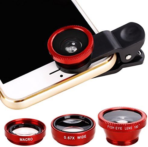 Xinnio Universal 3 in 1 Camera Lens 0.67X Wide Angle Lens+ 180° Fisheye Lens Macro Camera Lens Kit Clip On for iPhone XR/XS/XS MAX/X/ 8 7 6 Plus, Samsung Smartphones Red