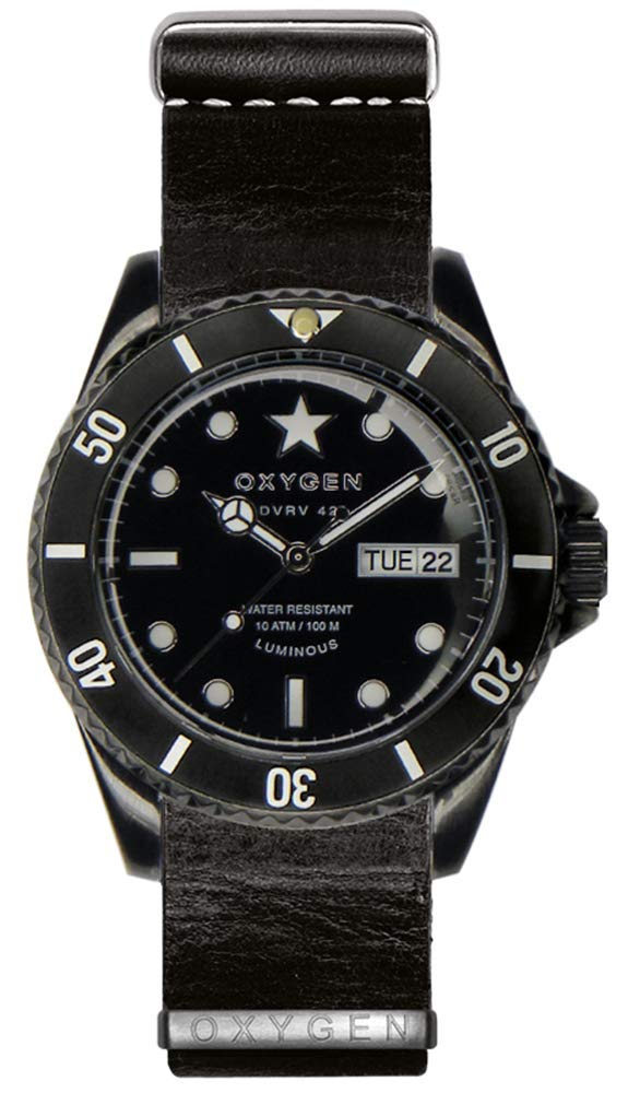 Oxygen Black Cat 42 Mens Quartz Watch with Black Dial Analogue Display and Black Leather Strap EX-DV-CAT-42-NL-BL