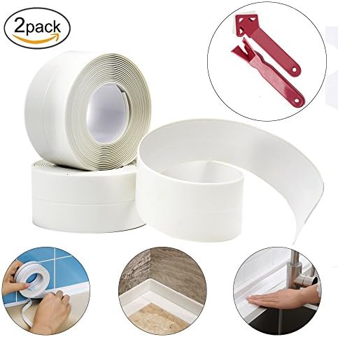 AGEOMET 2 Rolls Bathtub Kitchen Caulk Strip Self Adhesive PE Wall Sealing Tape, 1-1/2" x 11', with Tape Removing Tools Kit