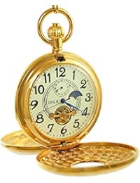 OGLE Vintage Copper Double Cover Tourbillon Phases Moon Chain Fob Self Winding Automatic Mechanical Pocket Watch(Luminous Dial)