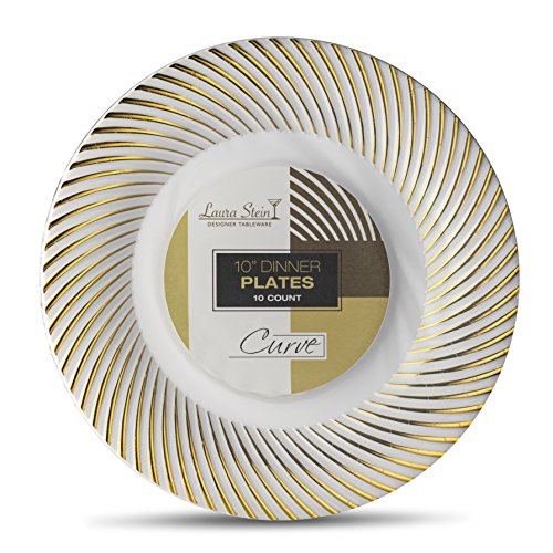 Laura Stein Designer Tableware Premium Heavyweight 10'' Inch White And Gold Rim Plastic Party & Wedding Dinner Plates Curve Series Disposable Dishes Pack of 40 Plates