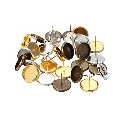 Pandahall 10sets Brass Ear Studs Cabochon Settings, Ear Post Blank, Mixed Color, Flat Round Tray Base: 12mm; 3pcs/set