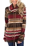 MBQMBSS Womens Sweatshirt Cowl Neck Long Sleeve Striped Pocket Drawstring Pullover Top Sweatshirt