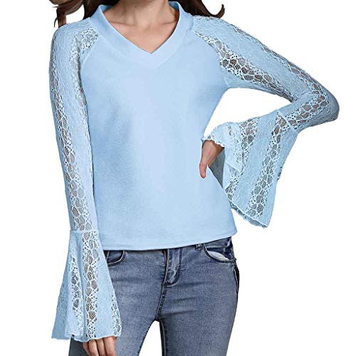 Slim Fit Blouses for Women,SMALLE◕‿◕ Hot Women's Perspective Lace Trumpet Sleeve V-Neck Casual Slim Blouse Blue - Thumbnail 6