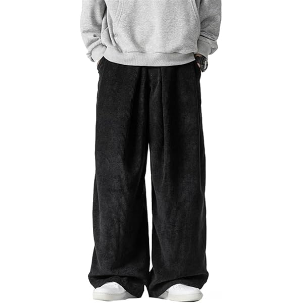 Seidarise Men's Corduroy Pants Wide wale Baggy Relaxed fit Black