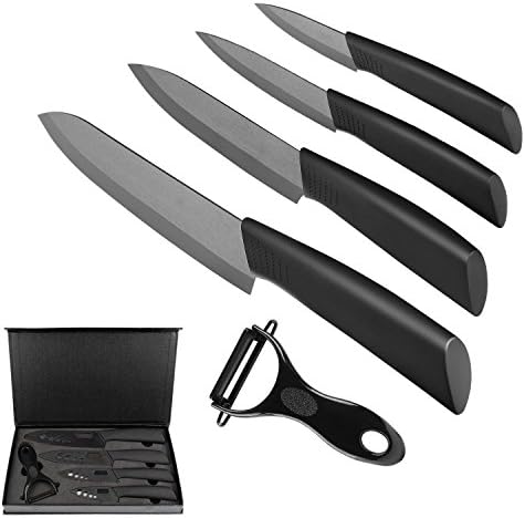 Ceramic Knife Set, BELLSTYLE Ceramic Kitchen Knives 5-Pcs ( Includes 6" Chef's Knife, 5" Utility Knife, 4"Fruit Knife,3" Paring Knife and 1 Fruit Peeler) with Sheath, Black