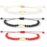 Opalencian Gold Plated Love Heart Crystal Beaded String Bracelets 3PCS Set,Dainty White Black Red Bracelets for Women Charm Beads Handmade Fashion Jewelry Gifts