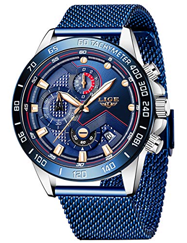LIGE - Reloj de pulsera analógico para hombre, resistente al agua, de acero inoxidable, cuarzo, con cronógrafo y correa milanesa